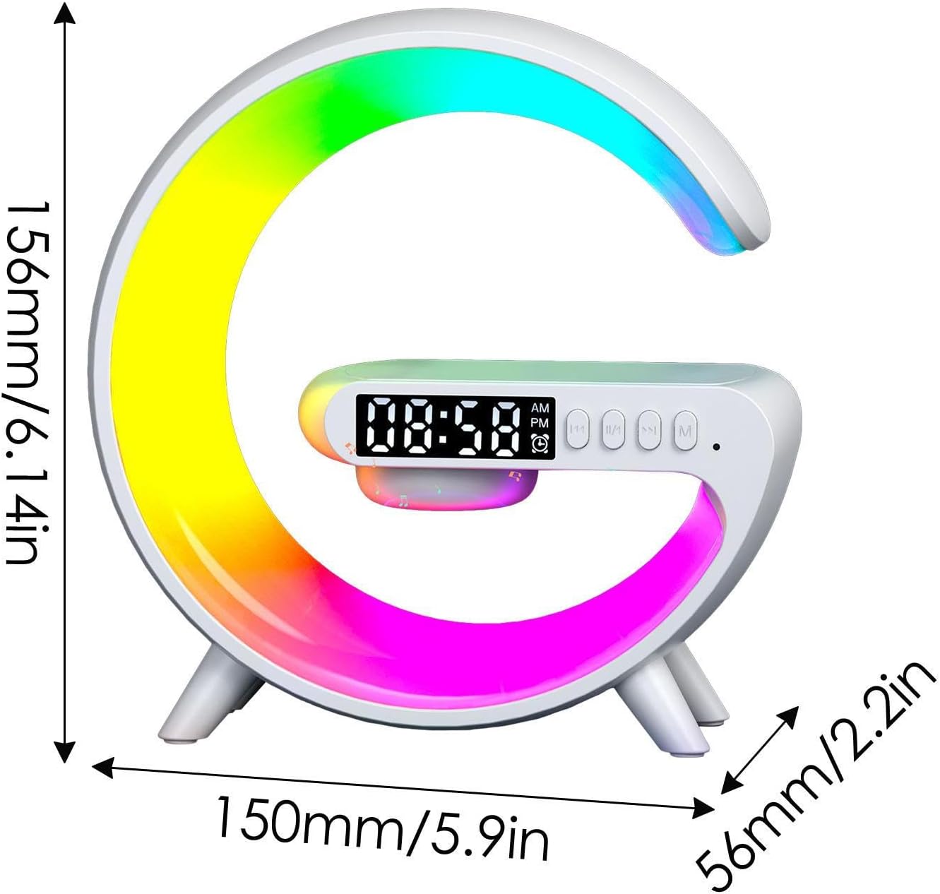 Smart Light Sound Machine with Wireless Charger, Music Rhythm Atmosphere Light, Bluetooth Speaker, Clock Alarm, Button and APP Control (White). 