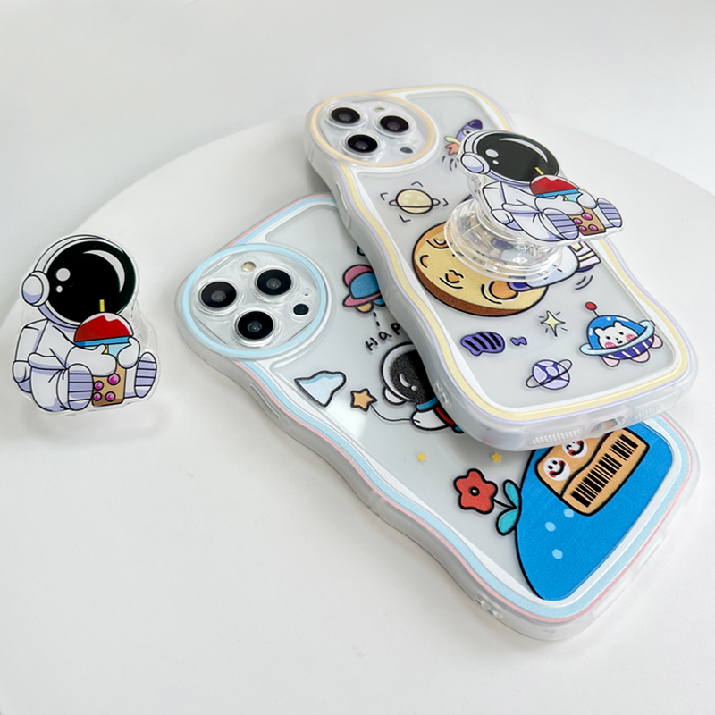 Jizetin for Samsung J7 Prime Back Cover + Free Pop Socket Astronaut Soft Wavy Shape TPU Phone Case For Girls Boys. 