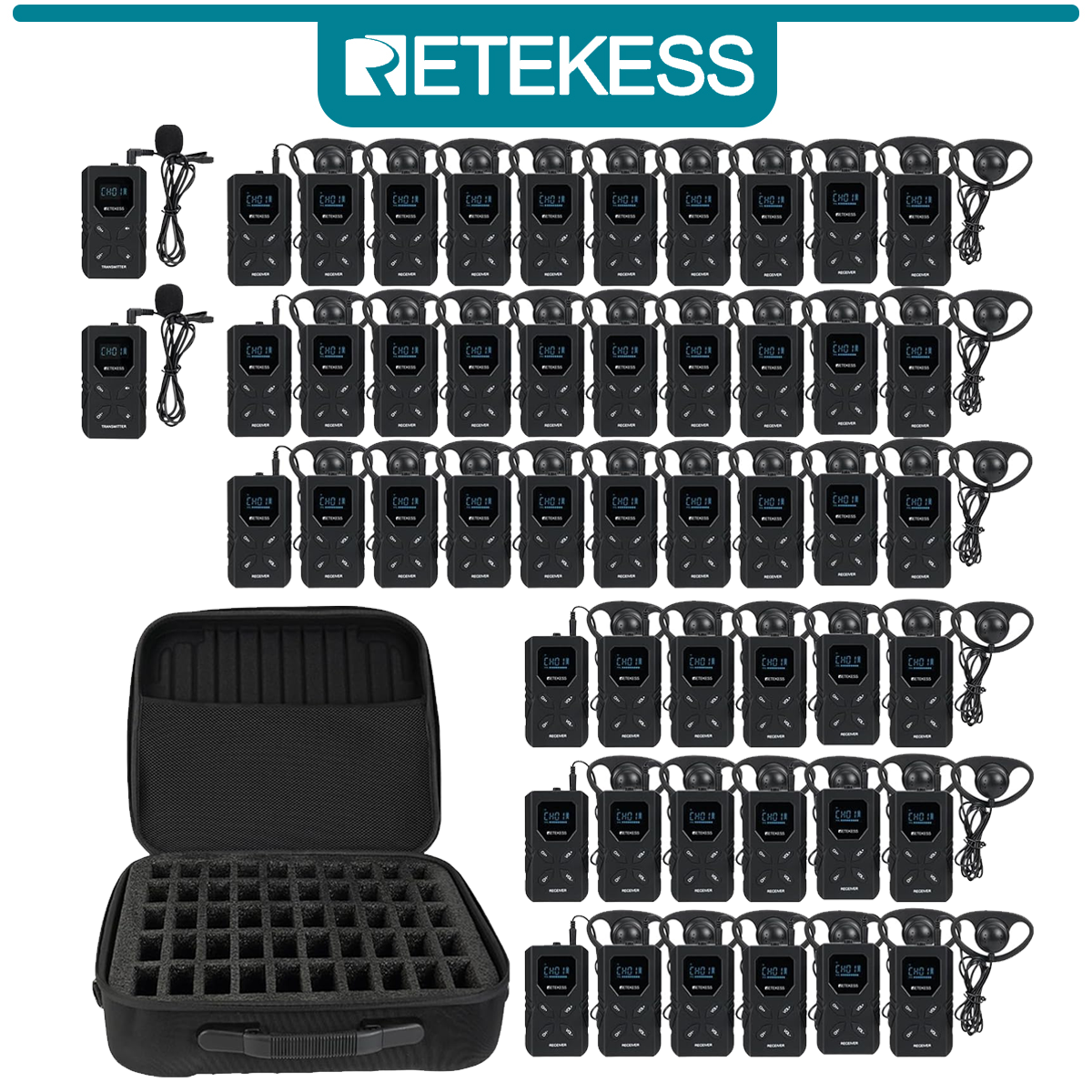 Retekess TT117 Wireless Tour Guide System, Simultaneous Interpretation System, One Click Operation, Church Translation System for Factory, Tour Group(2 Transmitter 48 Receiver 1 Storage Bag)