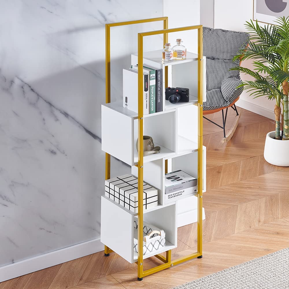 5 Tiers Bookcase S-Shape Storage Shelving Tall for Home Office, Modern Corner Book Shelf with Golden Metal Rack for Unit Media Display Slim Book Shelves Small Space. 