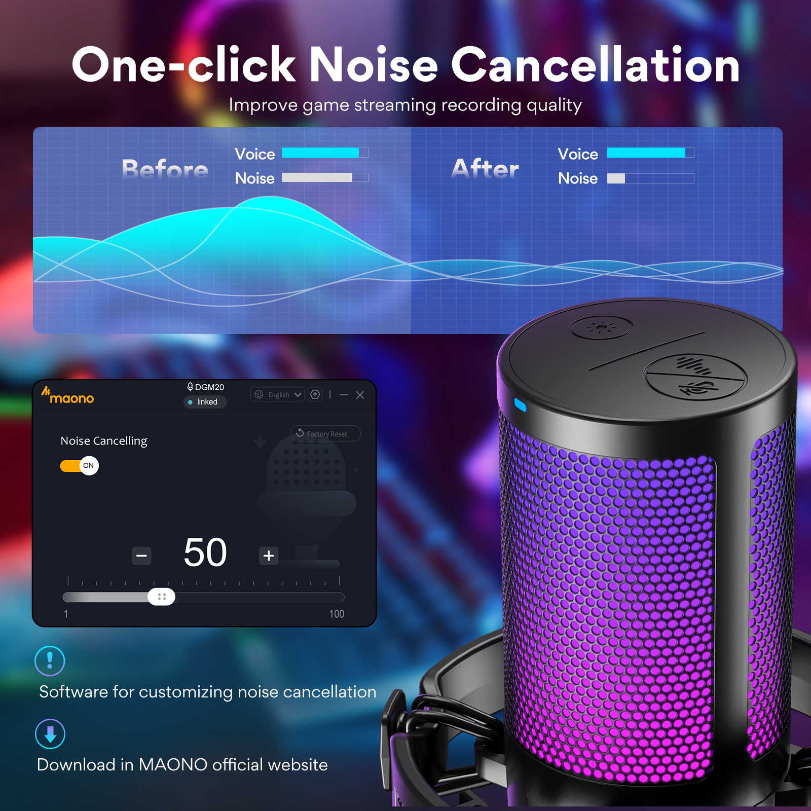Maono DGM20 Gaming Microphone,USB Microphone Condenser Mic RGB Gaming Mic with Noise reduction software,Mic Gain,One Key Mute. 