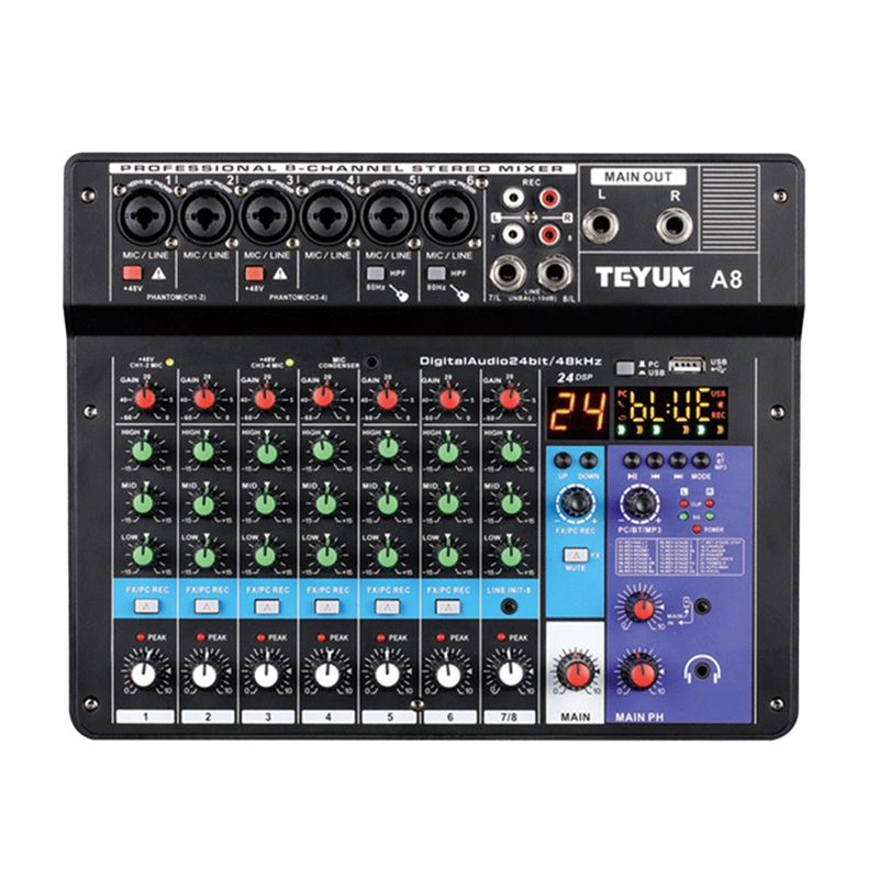 LKPCIGCXM TEYUN A8 Portable Mixer Sound Card 8-Channel Mixing Console Computer Recording DJ Audio Equipment EU Plug