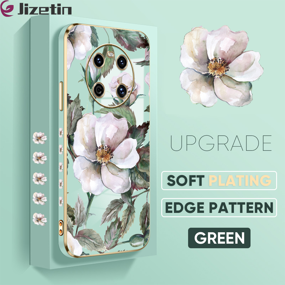 Jizetin (Free Lanyard) for Huawei Mate 40 Back Cover White Peony Flower Luxury 6D Plating Case Side Pattern Soft Silicone Square Mobile Phone Cases