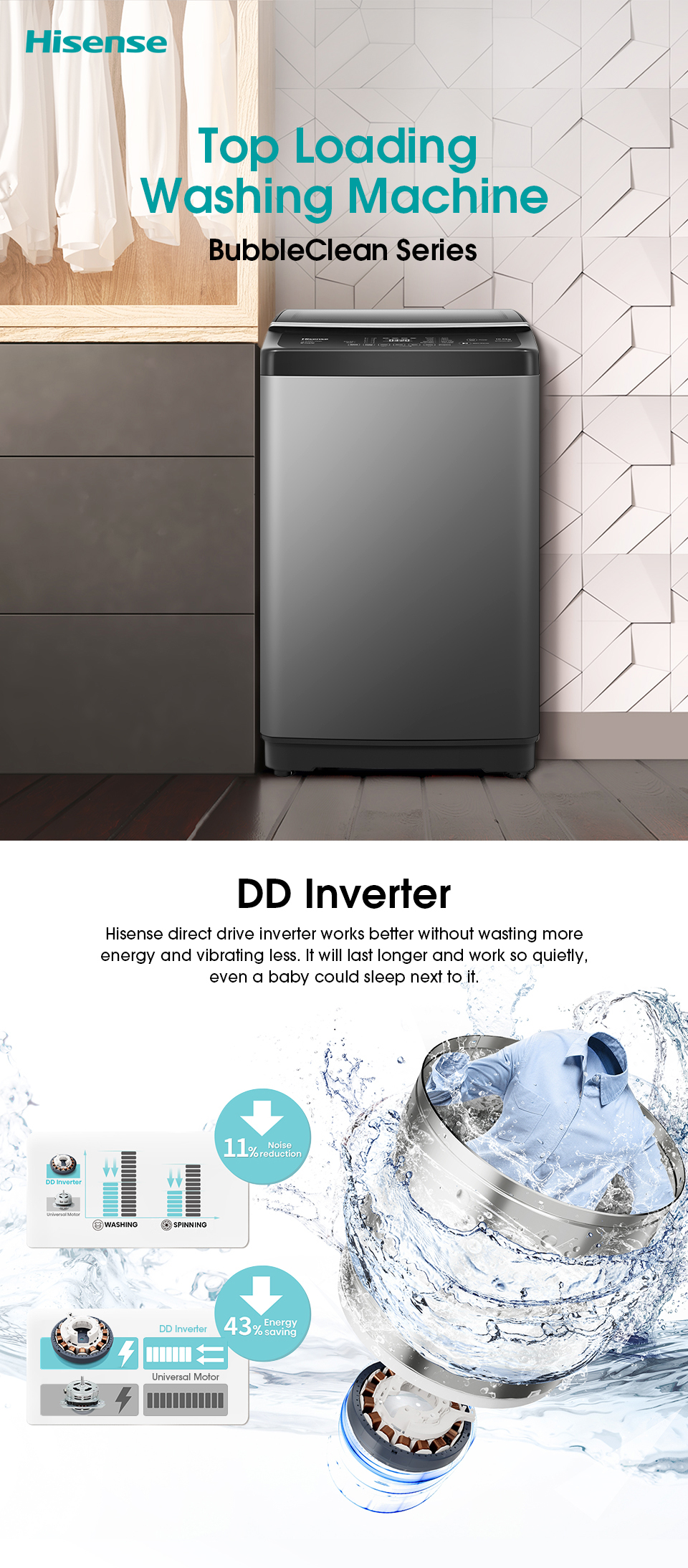 HISENSE 10.5 KG Top Load Inverter Washing Machine Premium Black With Bubble Clean technology | WT5J1013DT/BD3. 