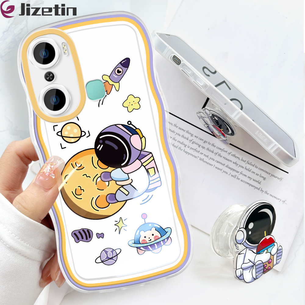 Jizetin for Infinix Hot 12 Pro Back Cover + Free Pop Socket Astronaut Soft Wavy Shape TPU Phone Case For Girls Boys
