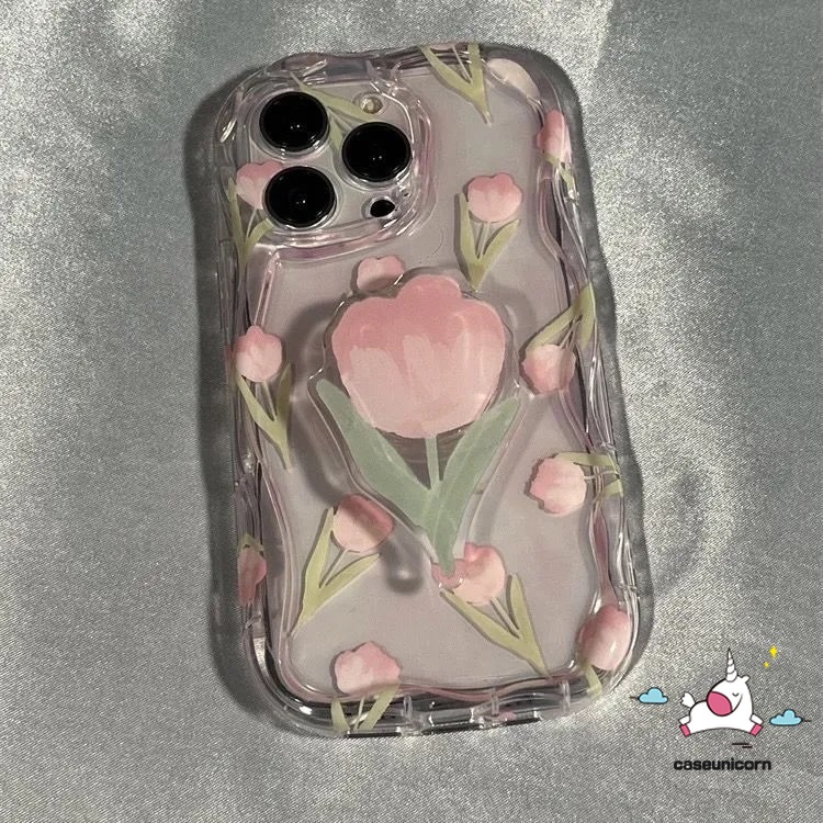 Pink Tulip Flower Stand Holder Iphone Case Compatiable For Realme C35 C55 C11 C25 C25Y C21Y 9i 7i 5i 6i 5 5s C20 C31 C17 C20A C25s C12 C33 C30 C3 C15 C1 C21 3D Wavy Curved Edge Soft Cover