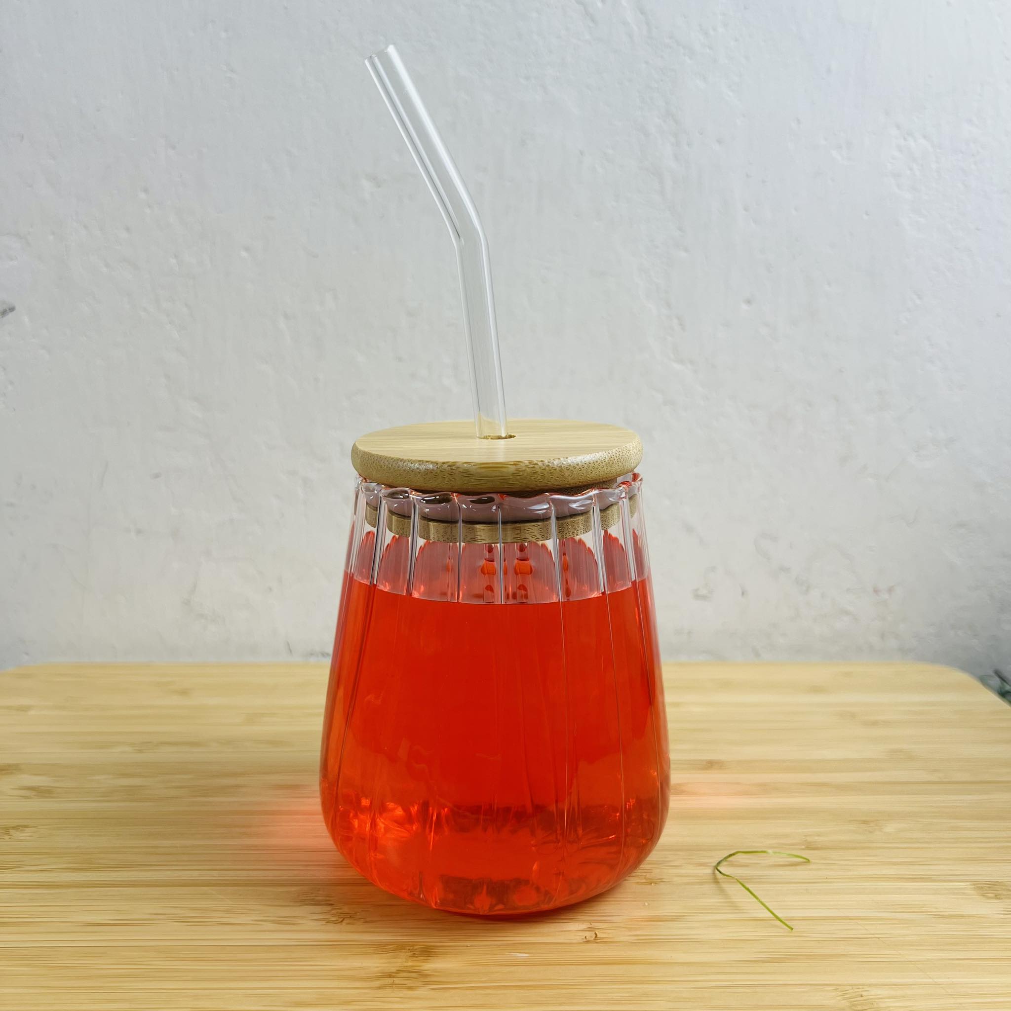 450ml Stripe Glass  Mason Jar wtih Bamboo Lid and Straw. 