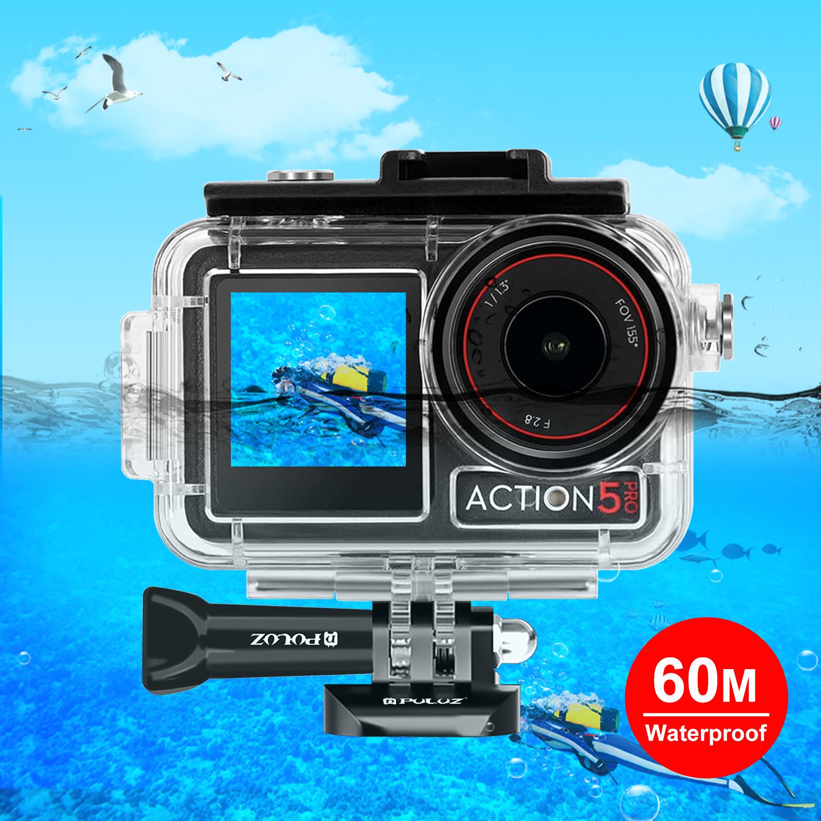 NEW- For DJI Osmo Action 5 Pro / 3 / 4 PULUZ 60m Underwater Waterproof Housing Diving Case with Cold Shoe & Buckle Basic Mount & Screw