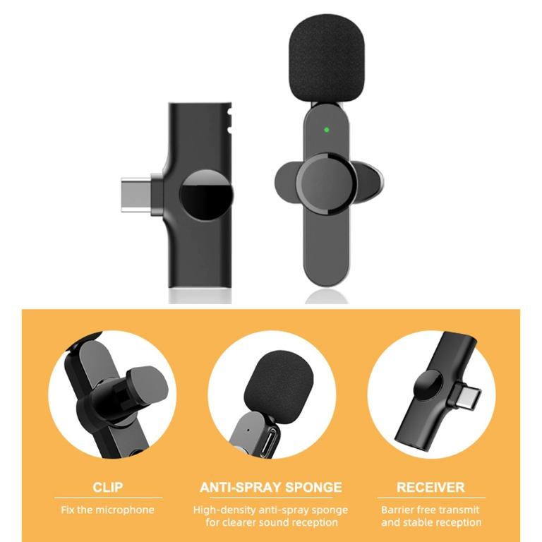 Wireless Lavalier Microphone k8 Portable Audio Video Record Mini Wireless k8 2.4Ghz  Microphone For Android Live Broadcast Gaming mobile Phone Type-C & Lighting Black. 