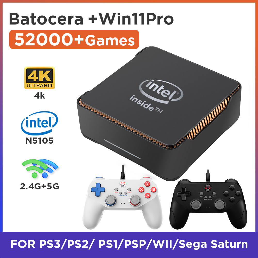 N5105 Gaming Box Retro Video Game Console WIN 11+Batocera OS 80+Emulators 2T HDD For PS3/PS2/PS1/Wii/XBOX/N64/DC/SS 52000+ Games