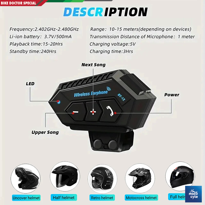 Motorcycle Helmet Communicator Intercom Headset Music Interphone Bluetooth 5.0  Waterproof, Hands-Free, Long Battery Life (Not Device to Device). 
