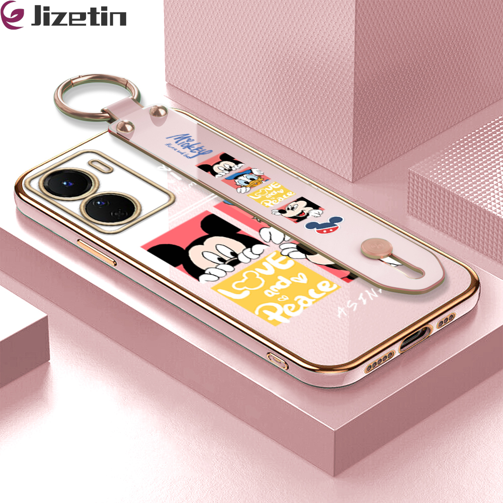 Jizetin for Vivo Y16 Back Cover Lovely Mickey Friends Luxury 6D Plating Wrist Strap Phone Cases Soft Silicone Square Mobile Phone Case. 