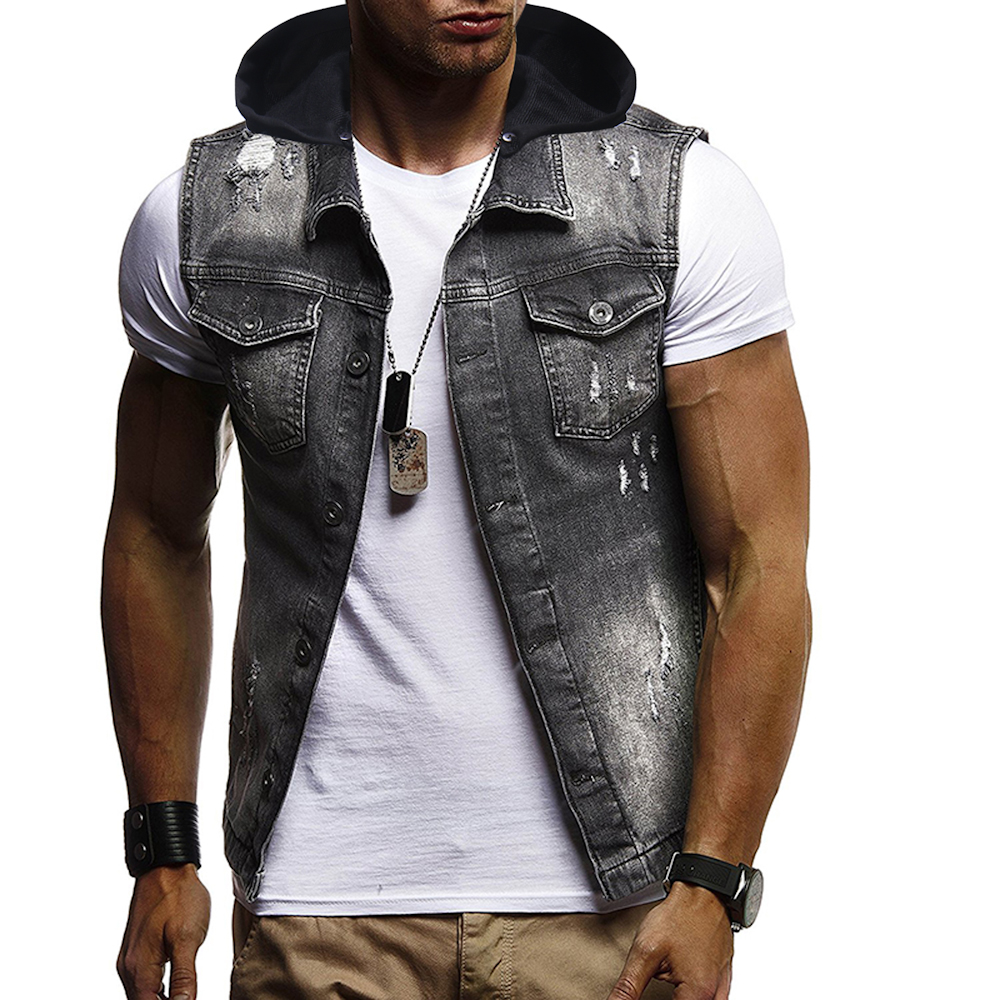 Decorative Button Hooded Denim Vest 