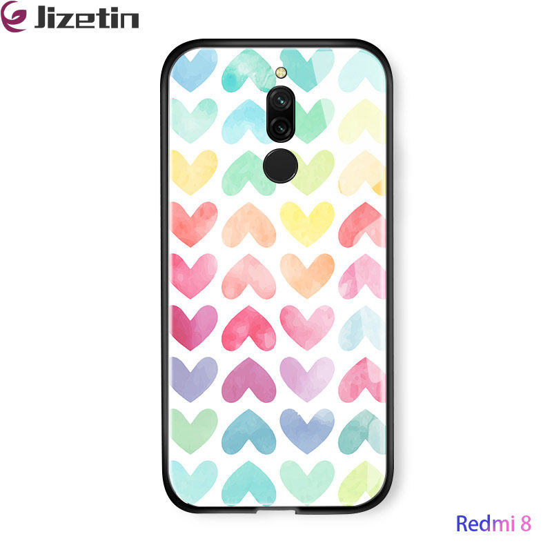 Jizetin for Redmi 8 Glass Back Cover Decorative Pattern Glossy Tempered Glass Shockproof Soft Edge Phone Cases