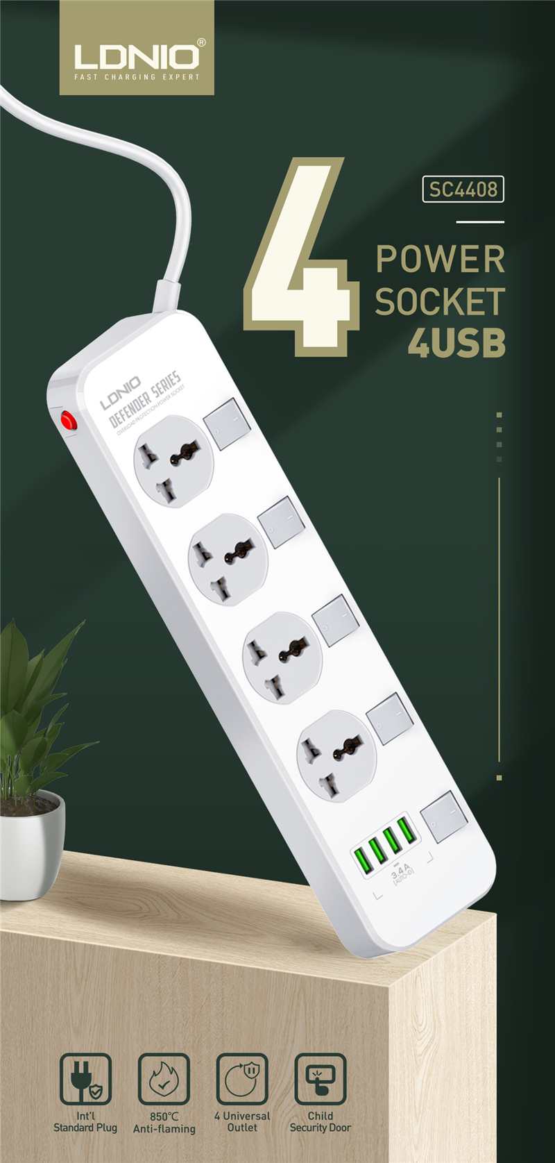 LDNIO SC4408 (ORG) Electrical Socket Smart Extension Multifunction Power Supply Strip Charger Adapter With 4 USB Port. 