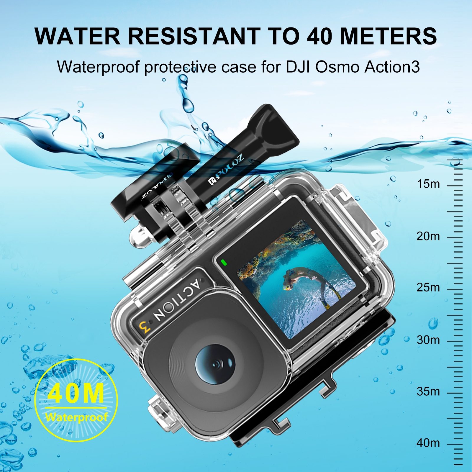 NEW- For DJI Osmo Action 5 Pro / 3 / 4 PULUZ 60m Underwater Waterproof Housing Diving Case with Cold Shoe & Buckle Basic Mount & Screw. 