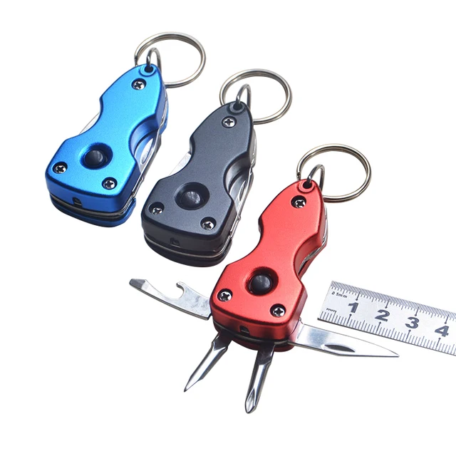 Multi-functional Keychain Knife Outdoor 6-in-1 Folding Mini Screwdriver Stainless Steel Tool Knife with LED Keychain. 