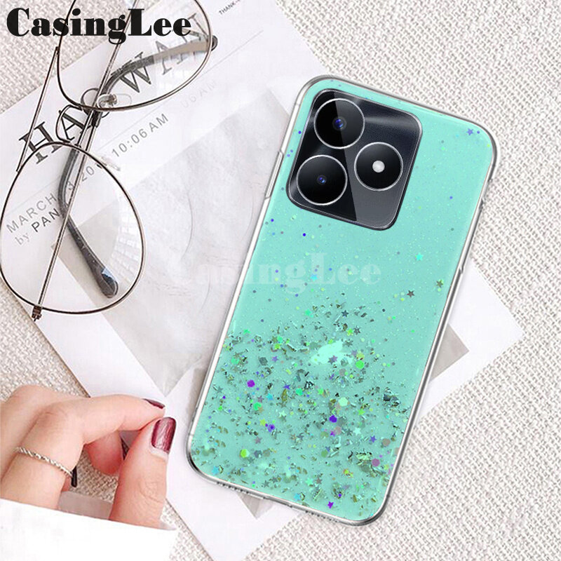 For Realme C51 Case Full Stars Moon Glitter Bling Sequins Cases Soft Transparent Phone Cases Casing for Realme C51 Back Cover Starry Sky