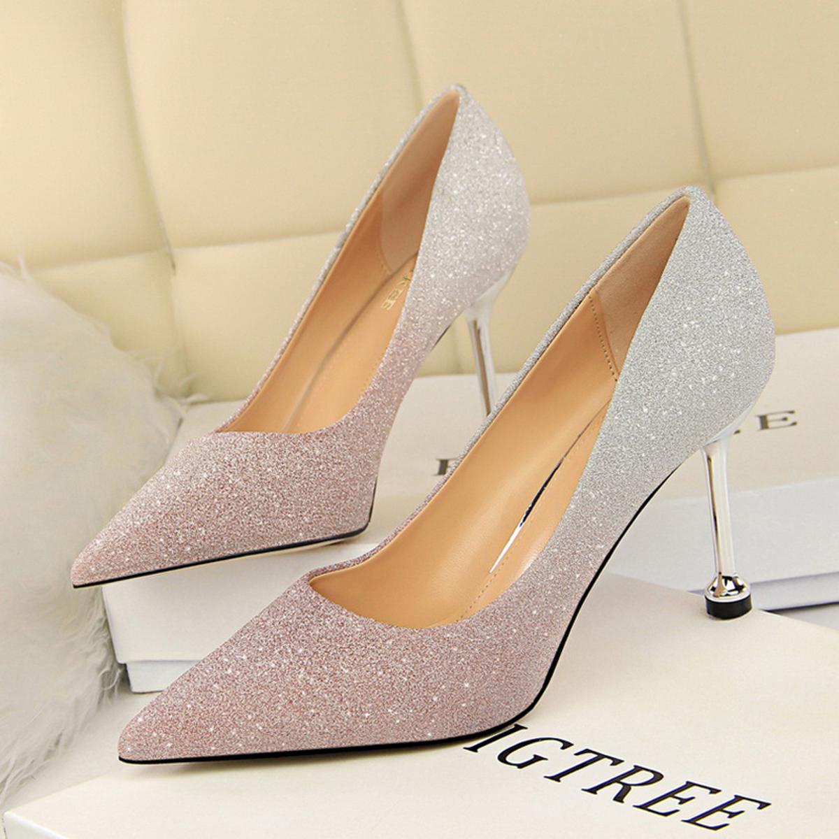 Size 34-40 High heels Korean Version Of Fashion Fine With High-heeled Shallow Mouth Pointed Shiny Color Gradient Color Matching Shoes High Heel Women's Shoes