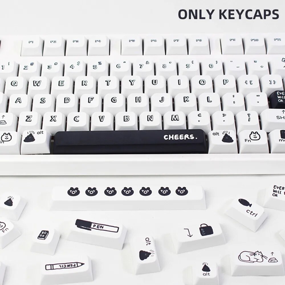 130 Keys Black White Cartoon Keycaps XDA Profile PBT Dye Sublimation Personalized KeyCaps For GMK67 75 87 Mechanical Keyboard. 