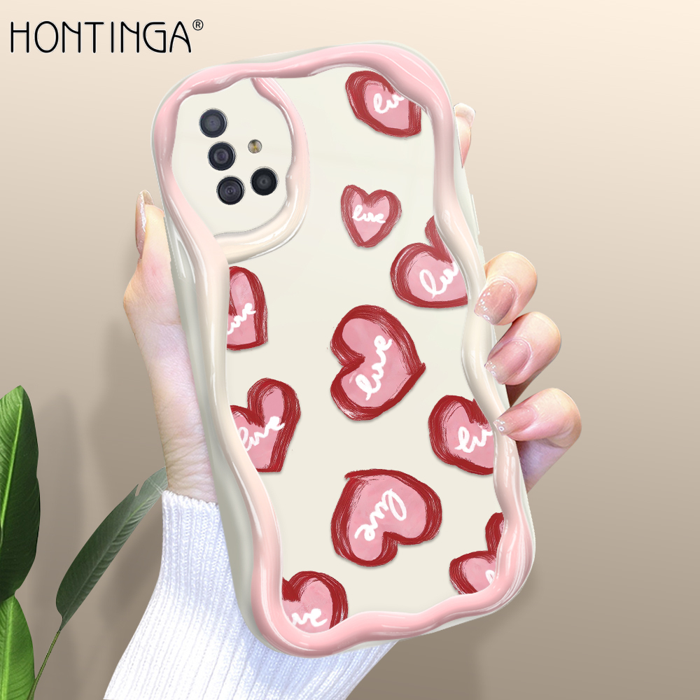 Hontinga for Samsung A51 Back Cover Love Heart Pattern Cream Texture Phone Case Wavy Edge Soft Silicone Cover