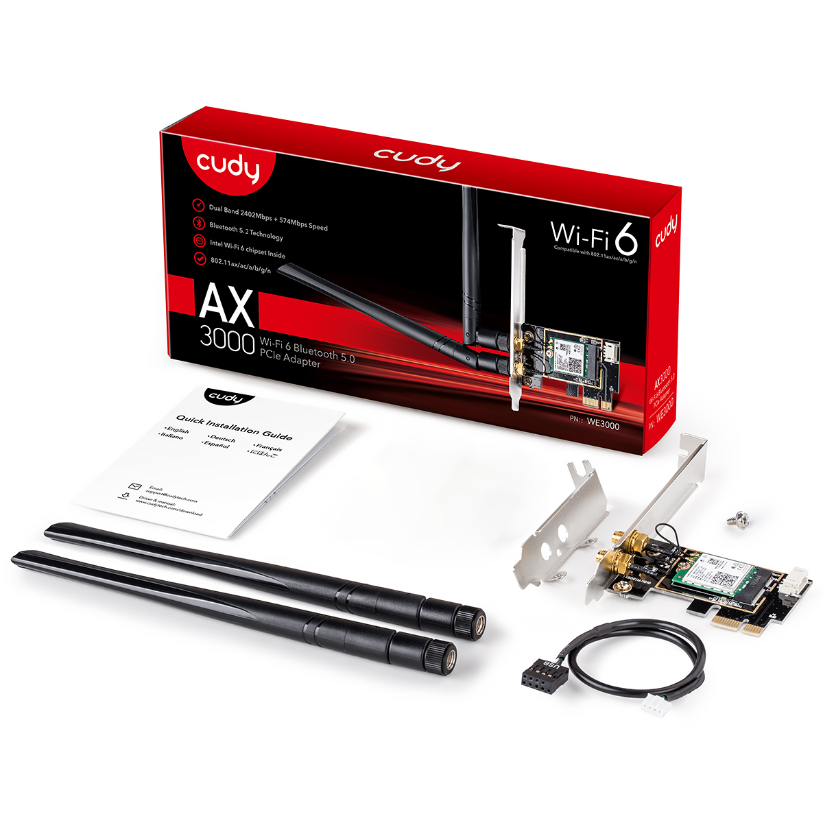 Cudy WE3000 V2 AX3000 Dual-Band Wi-Fi 6 PCIe Adapter - Dual-Band AX3000 Wi-Fi 6 - Bluetooth 5.2 - Intel AX200 WiFi 6 Module -  Compatible with Windows 10/11 64-bit. 