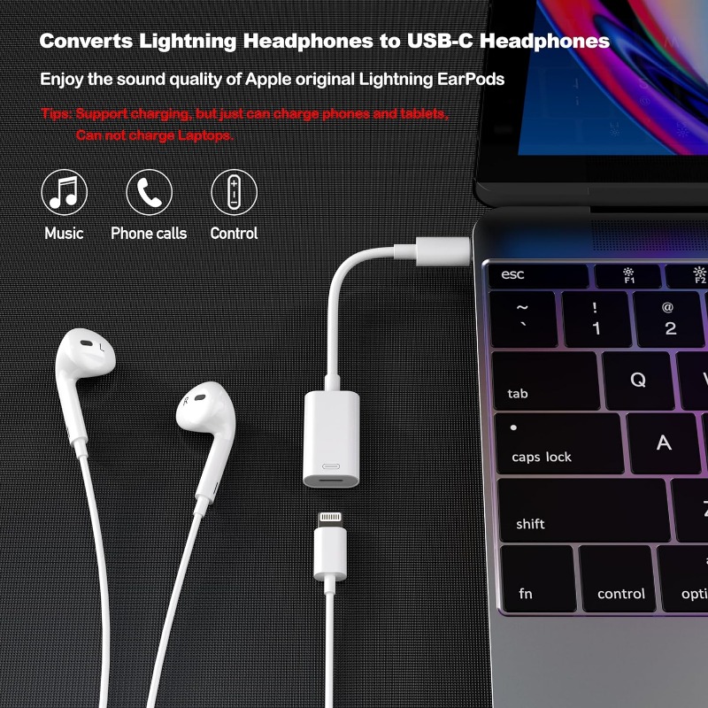 USB-C Male to Lightning Female Adapte, Type-C to Lightning Audio Adapter for Apple EarPods, iPhone 15, iPad, MacBook Pro. 