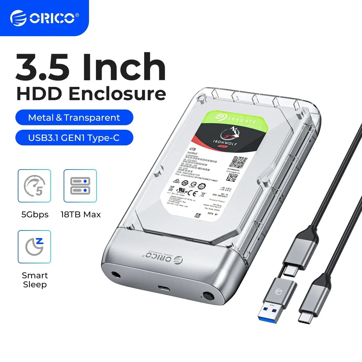 ORICO 3.5 inch Transparent Type-C 5Gbps Hard Drive Enclosure Metal HDD Case Support Auto Sleep for PC Laptop Notebook. 