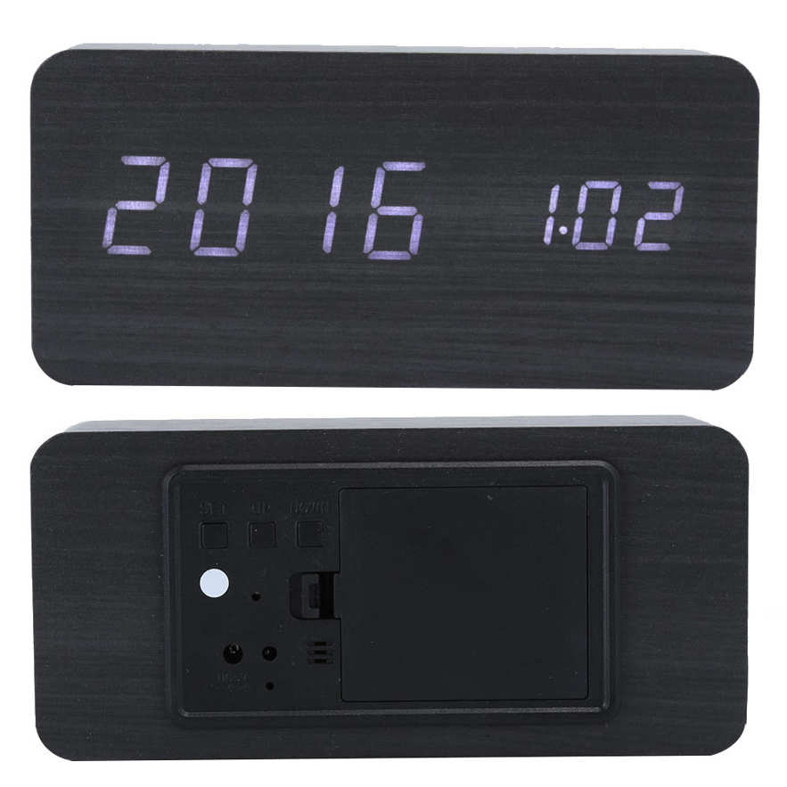 Rectangular Clock LED Wooden Alarm Electronic Voice Control Temperature Date Table Digital Clocks Black Wood White Lamp. 