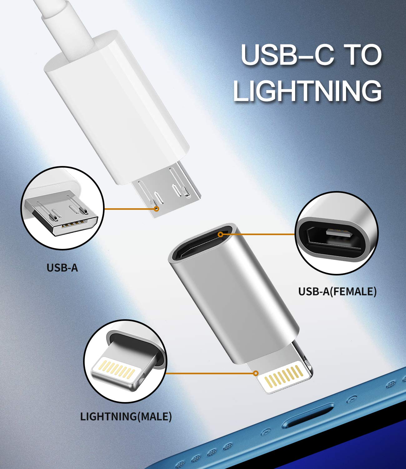 Micro USB Type-B (Female) to iPhone Lightning (Male) Convert Connector Support Charge 1pcs. 