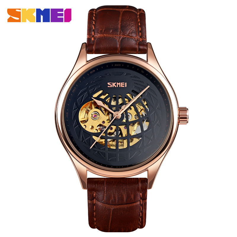 Timely beauty automatic fashion hollow men's mechanical watch SKmei business all-match leather high-end brand watch. 
