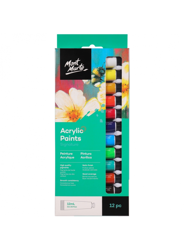 Mont Marte Signature Acrylic Paints 12pc x 12ml (0.4oz). 
