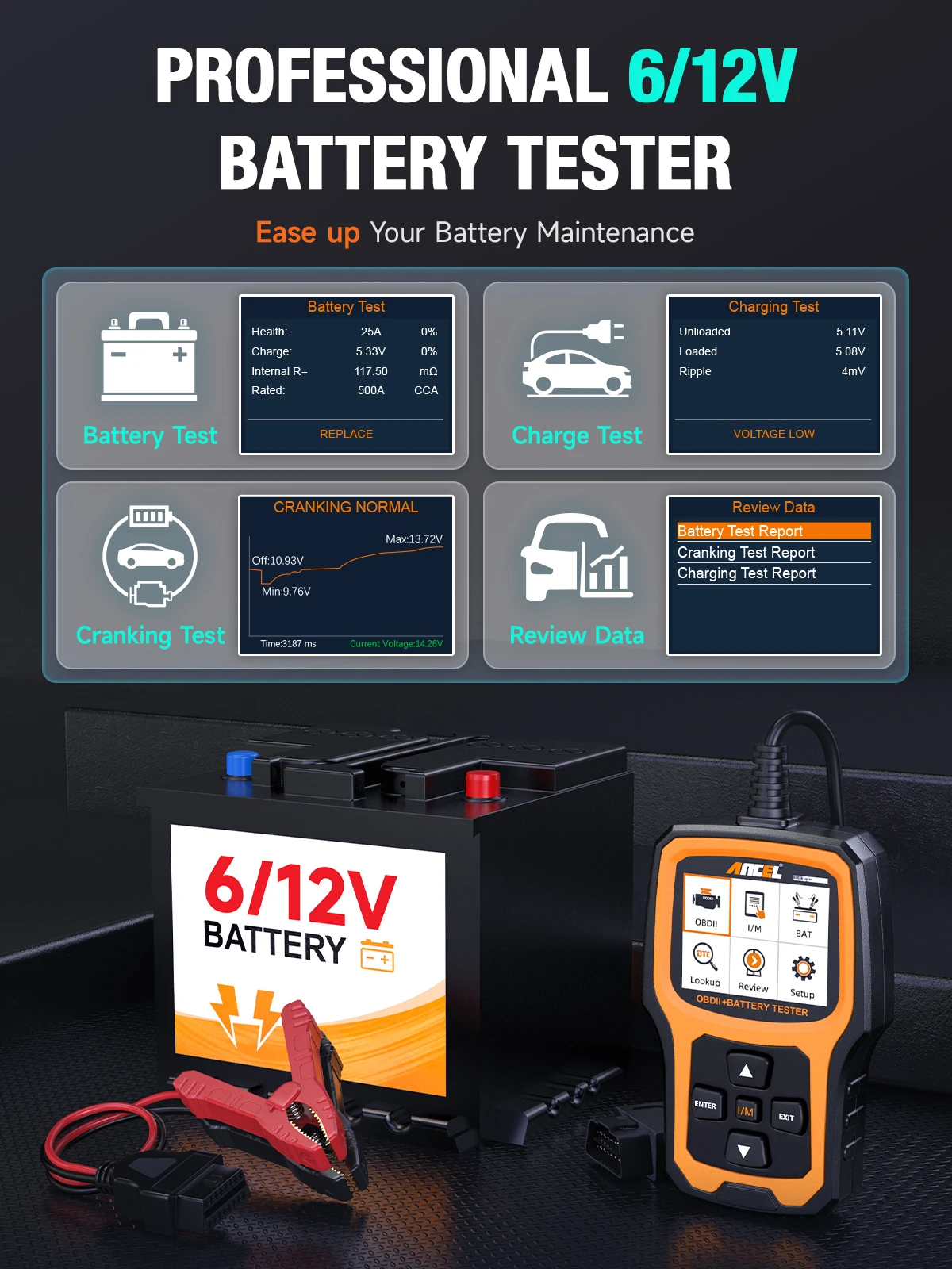 ANCEL AD410 PRO Code Reader + Battery Test Check Engine With Full OBD2 Function Car Diagnostic Tools. 