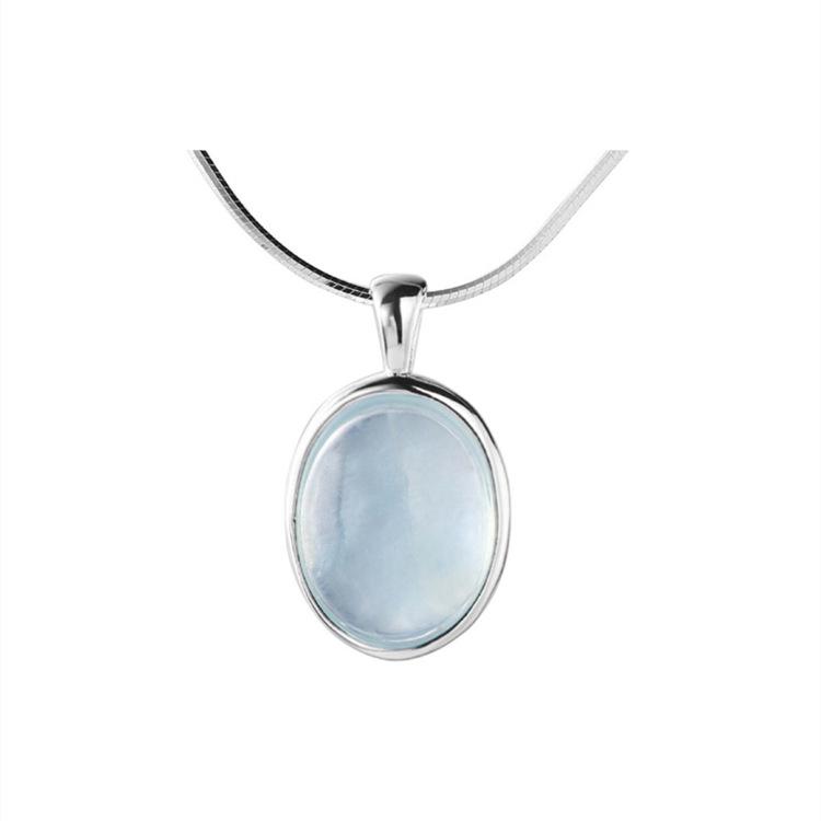 Aquamarine egg-shaped crystal necklace ins niche simple oval water drop pendant temperament versatile light luxury snake bone chain. 