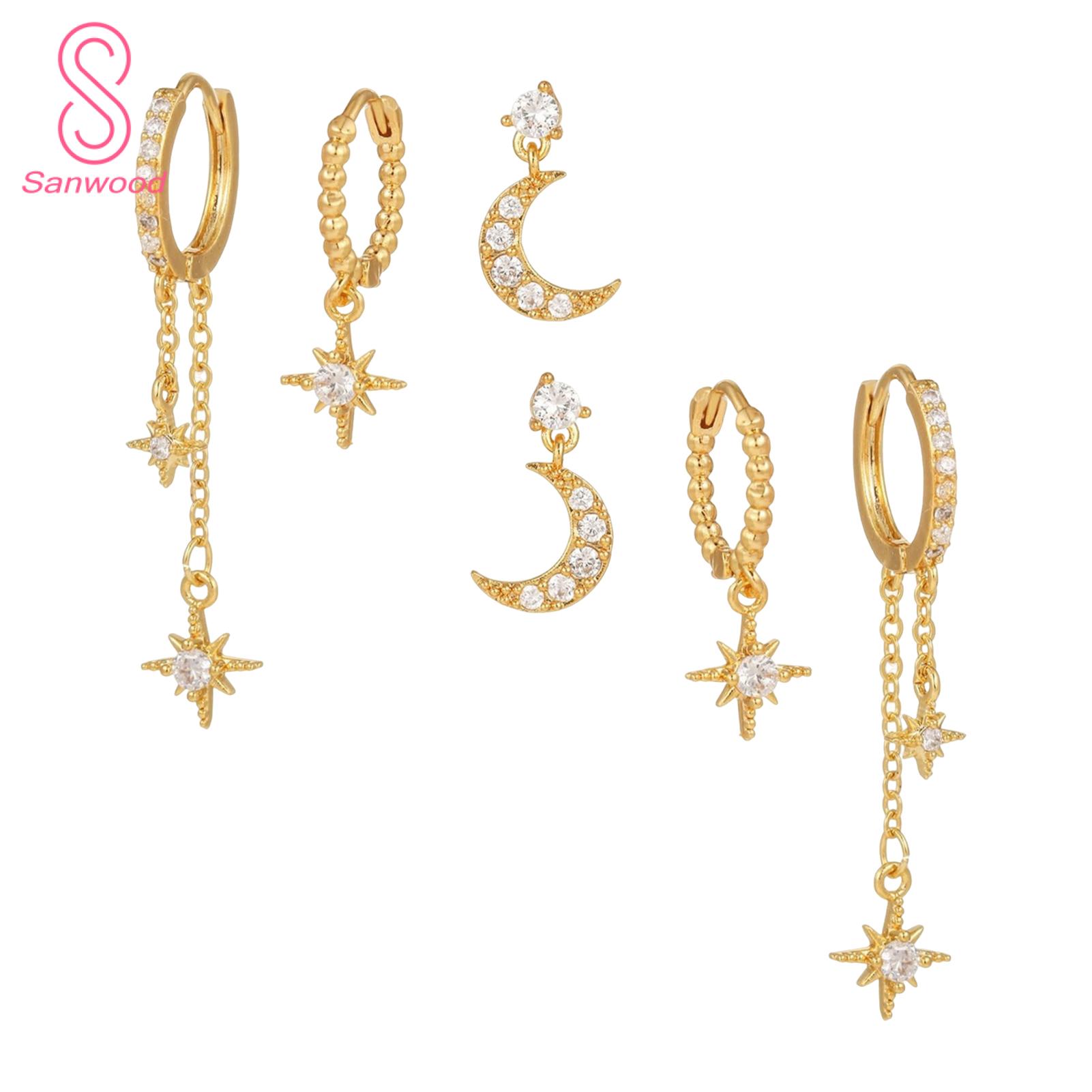 Sparkling Earrings Sparkling Moon Star Charm Earrings Set for Prom Dating 3 Pairs Women's Huggie Studs with Rhinestones Copper Electroplated Ear Jewelry Single Side Earring