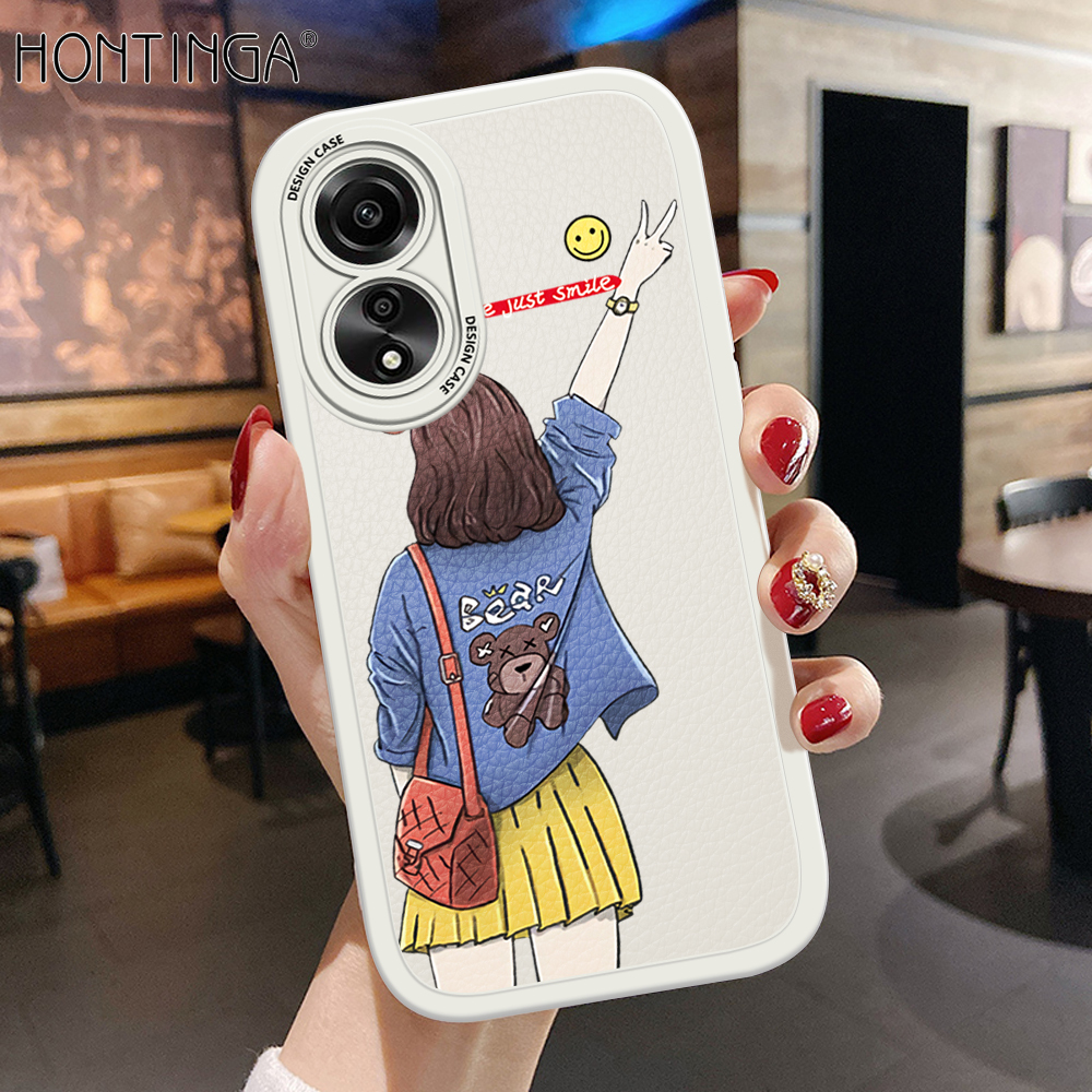 Hontinga for OPPO A78 4G Back Cover PU Leather Cartoon Elegant Girl Phone Case Soft Silicone Edge Mobile Cover