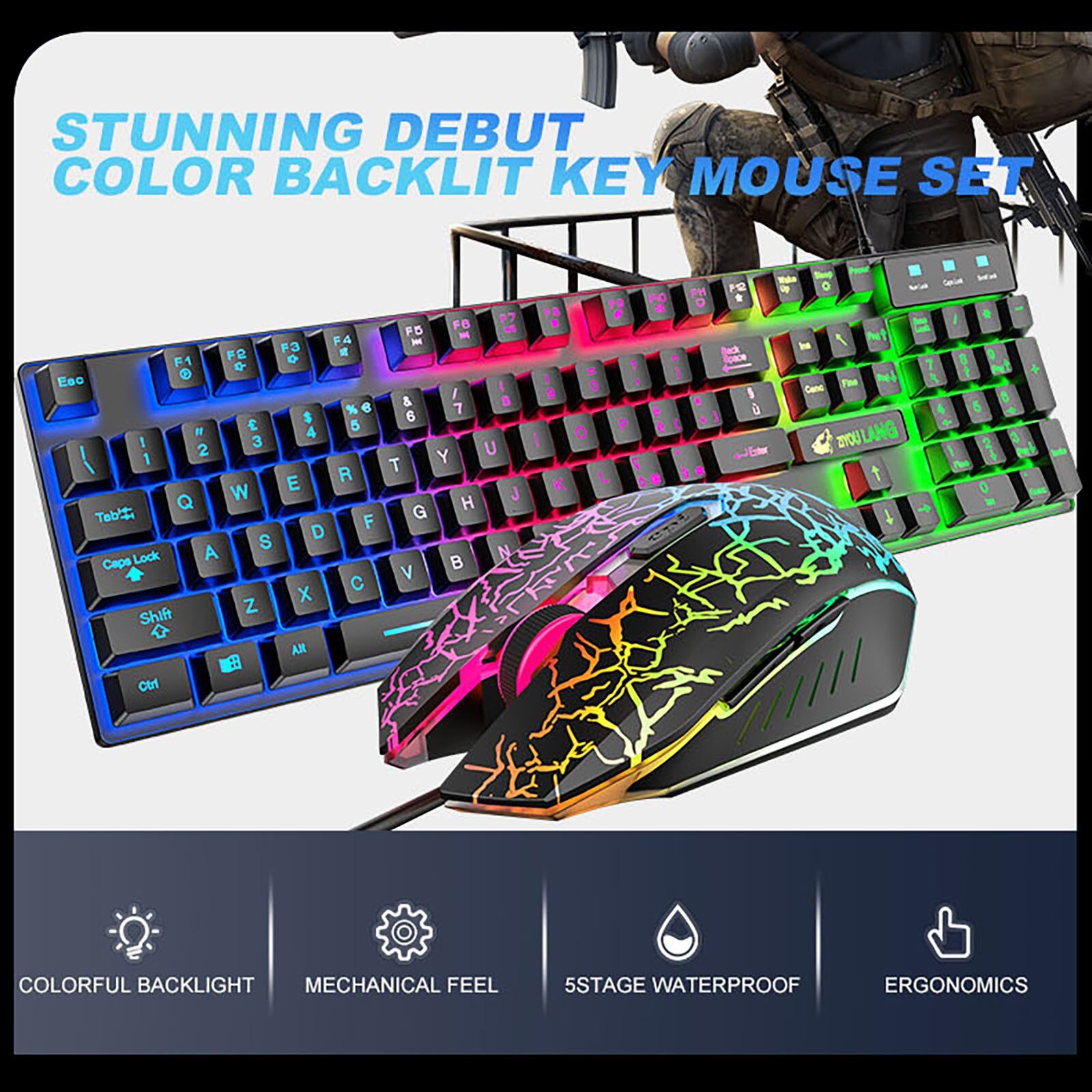 T13 Italian Layout Keyboard Mouse Set Rainbow Hybrid Light USB Wired Ergonomic 104Keys Gaming Keyboards Mice Teclado Mecánico. 