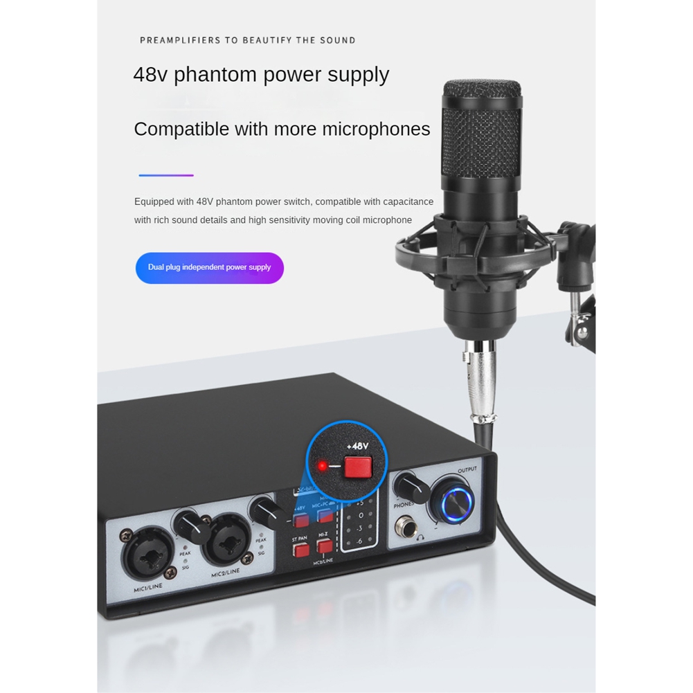 2 in 2 Out USB Audio Interface 32Bit/384KHZ Studio Parts Recording Sound Card 48V Phantom. 