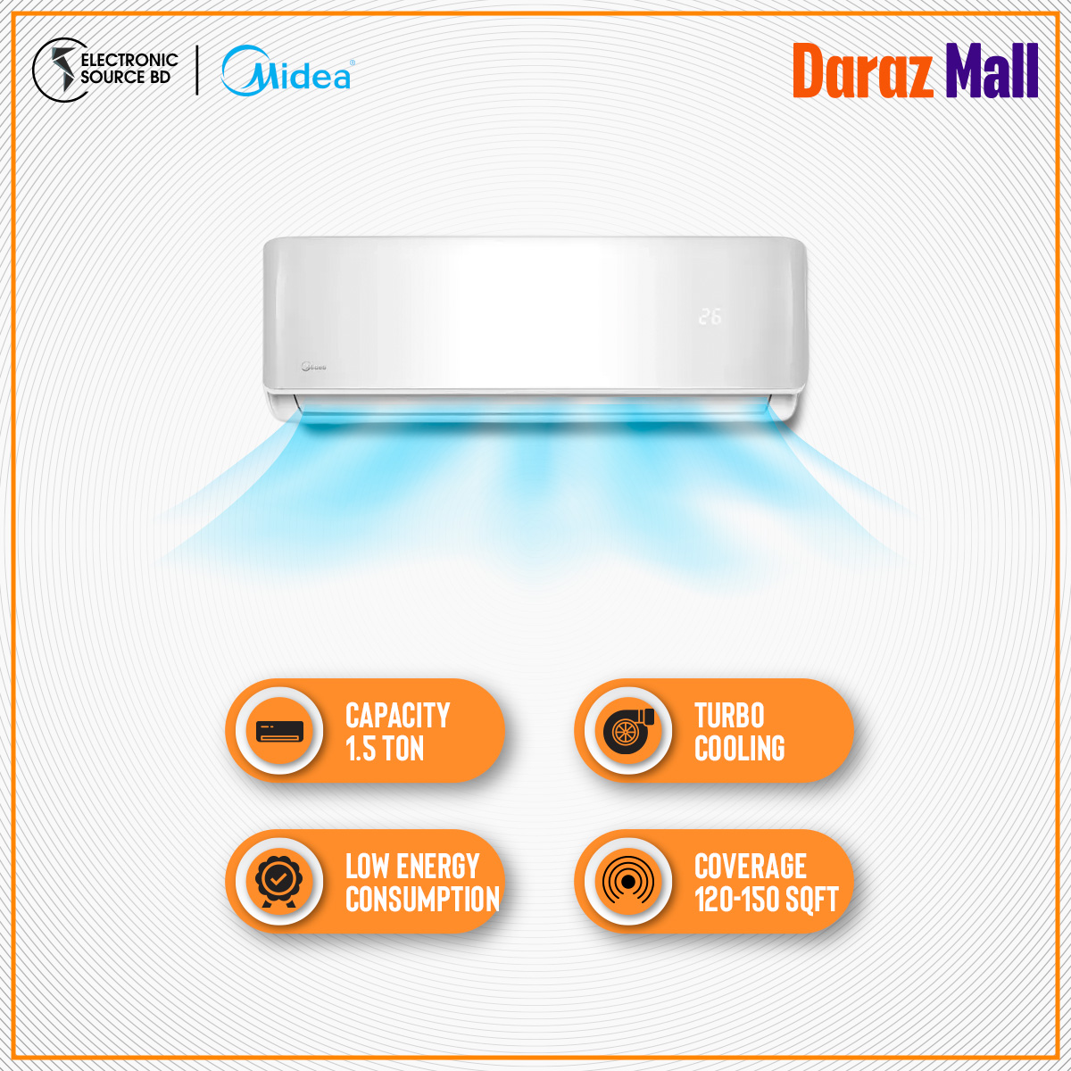 Midea 1.5 Ton Split Type Non-Inverter Air Conditioner (AC Model- MSG18CRN/ MSA18CRN) 5 Years Official Warranty. 