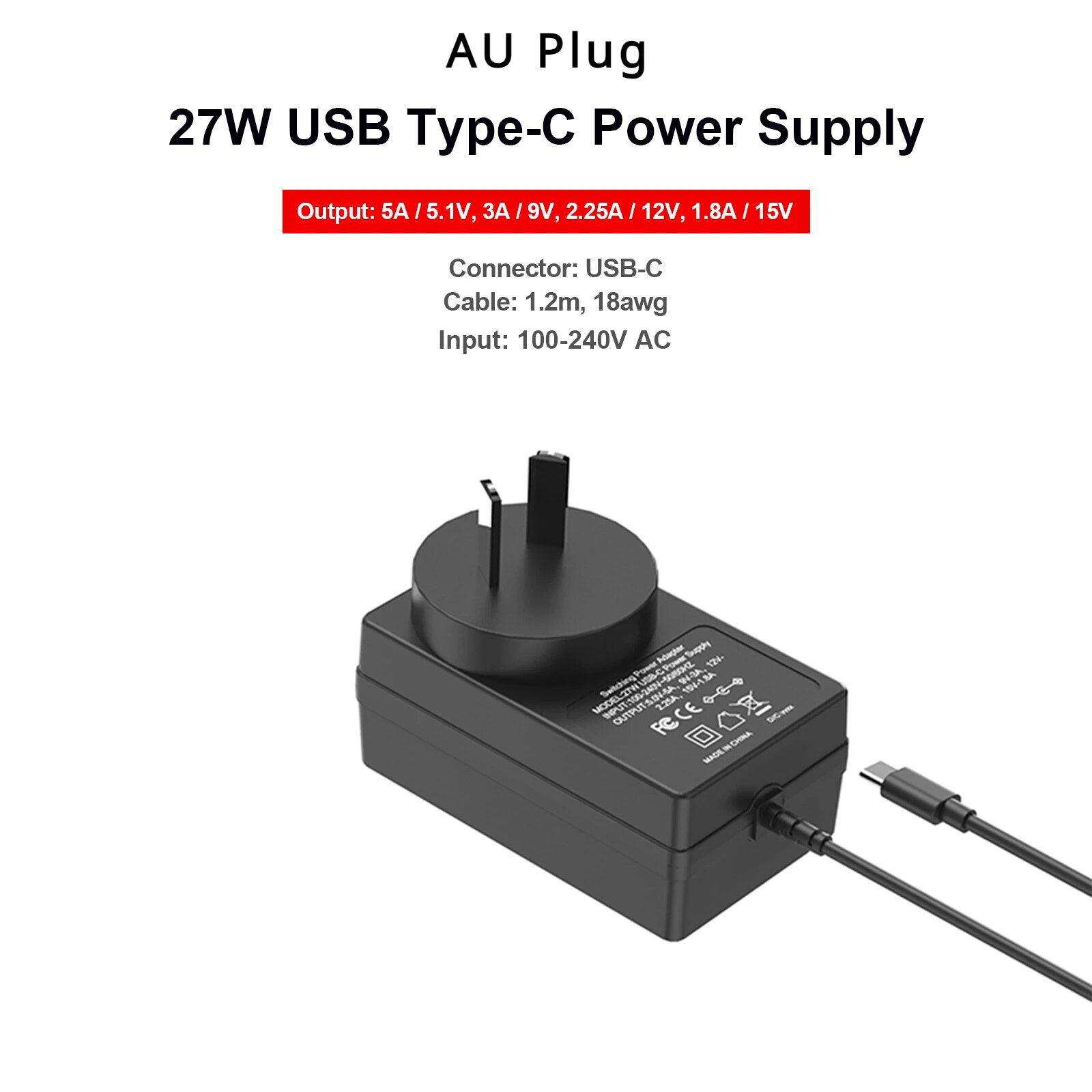 For Raspberry Pi 5 Power Adapter 27W USB-C Power Supply 5.1V 5A Compatible for PD Charing 1.2m, 18awg EU US UK AU Plug. 