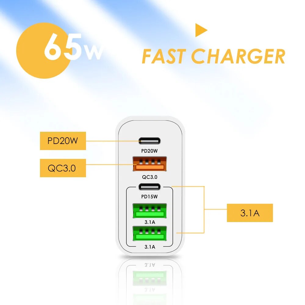F002 65W 5-Port USB PD Charger 3USB-A+2USB-C PD QC3.0 Fast Charging Wall Charger Adapter EU Plug for 12 13 14 14 Pro Smart Phone. 