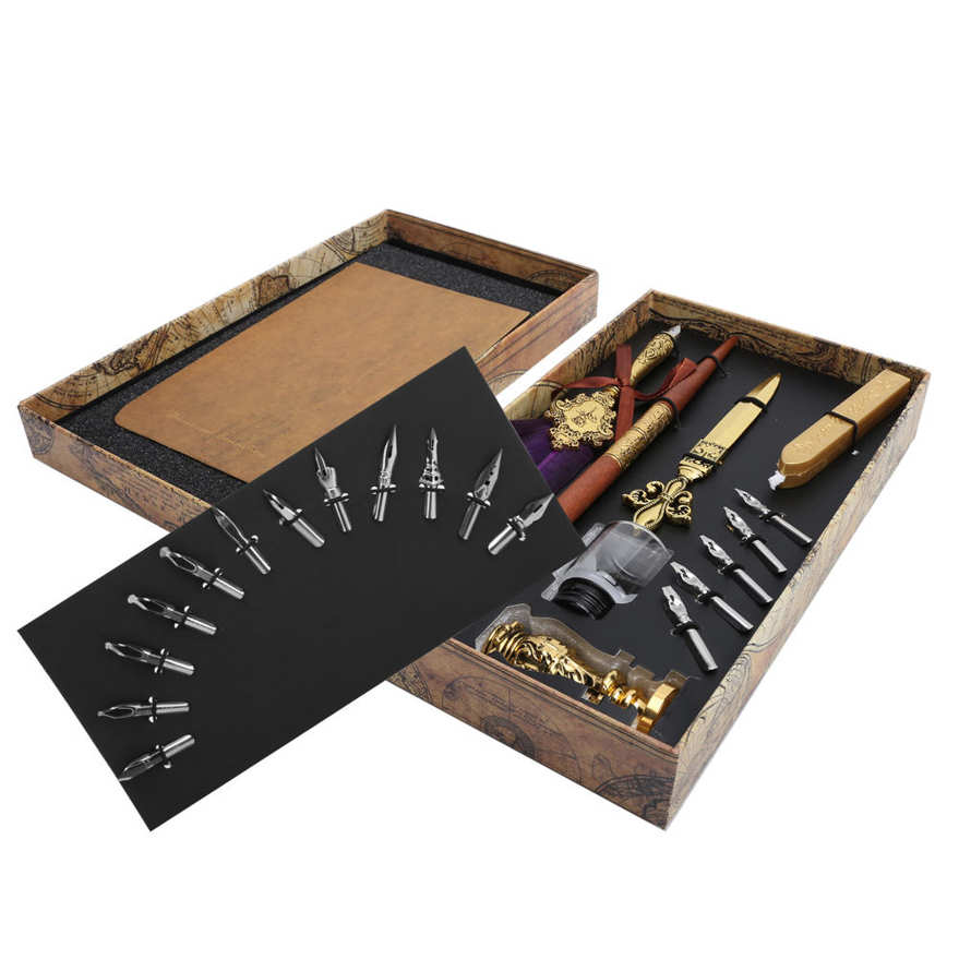 Feather Pen Kit Set Calligraphy Writing Drawing Quill Dip Vintage Art Craft Collection. 