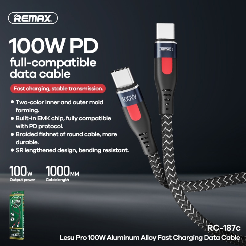 Remax RC-187 1M USB C Type C To Type C Micro Wire For xiaomi Huawei 15 14 PD 100W Charging 5A 100W Fast Charging Cable Cord. 