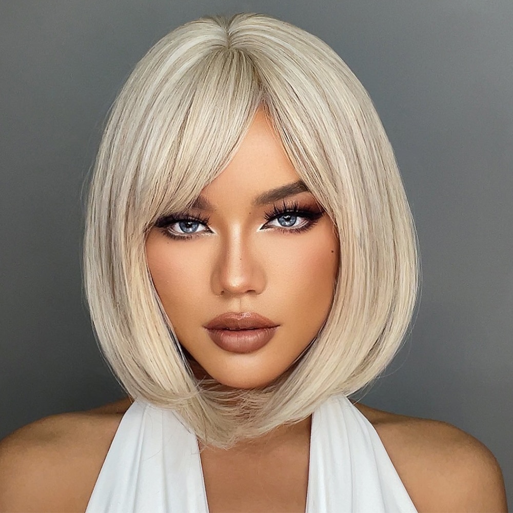 White Blonde Gray Synthetic Wigs with Bangs Short Straight Bob Hair Wig for Women Cosplay Daily Natural Hair Heat Resistant. 
