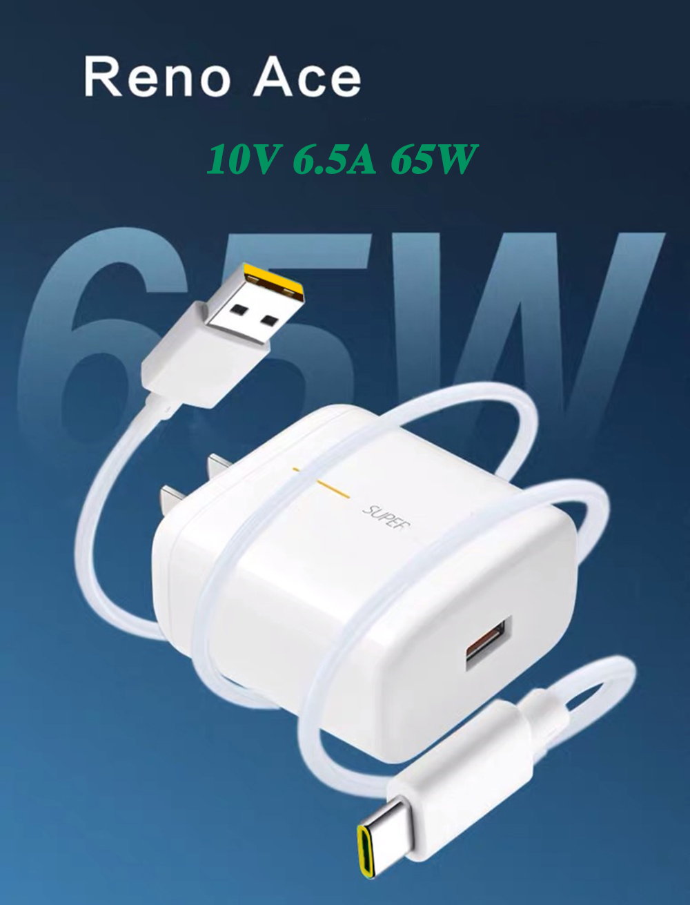 65W Supervooc 2.0 Fast Charger For OPPO Reno Ace Ace2 Reno4 Reno5 Reno6 Reno7 Reno5K SE Pro Pro+ 5G USB Type-C Cable. 