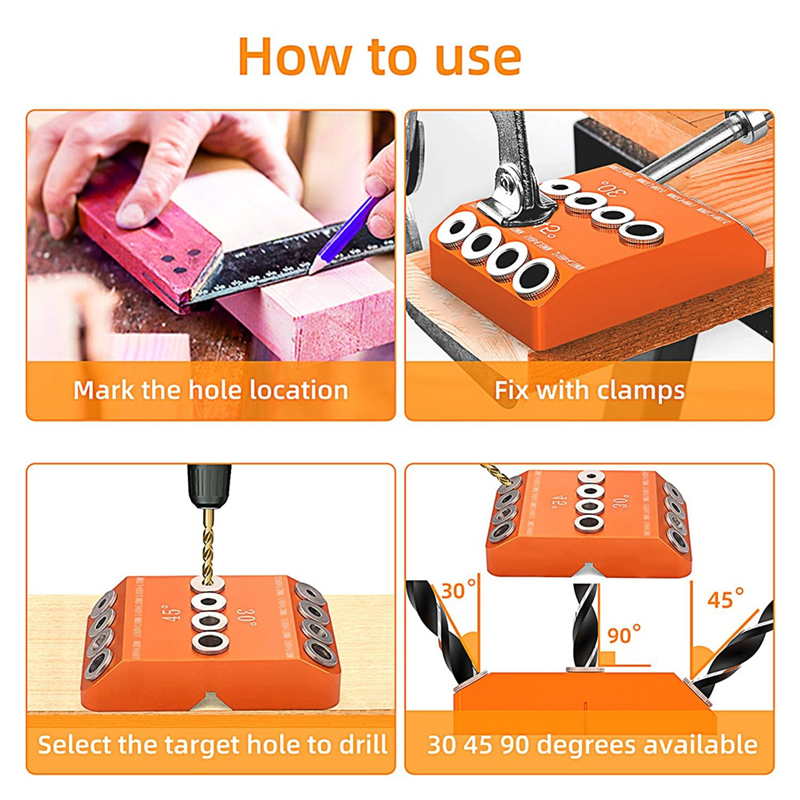 Drill Guide 30 45 90 Degree Angle 4 Size Drill Hole Lag Screw Drill Template Jig for DIY Wood Crafts Stair Wire Handrail Durable Easy Install. 