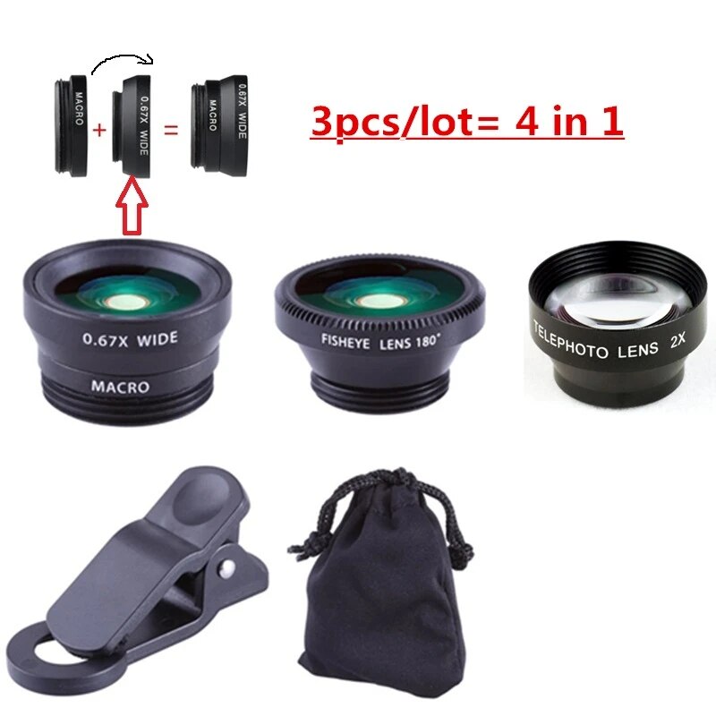 4 in 1 camera lens kit 2X telephoto lens +180 Fisheye Fish eye + Macro + 0.67X Wide angle Lens for iphone 6 Samsung HTC CL-85-2X. 
