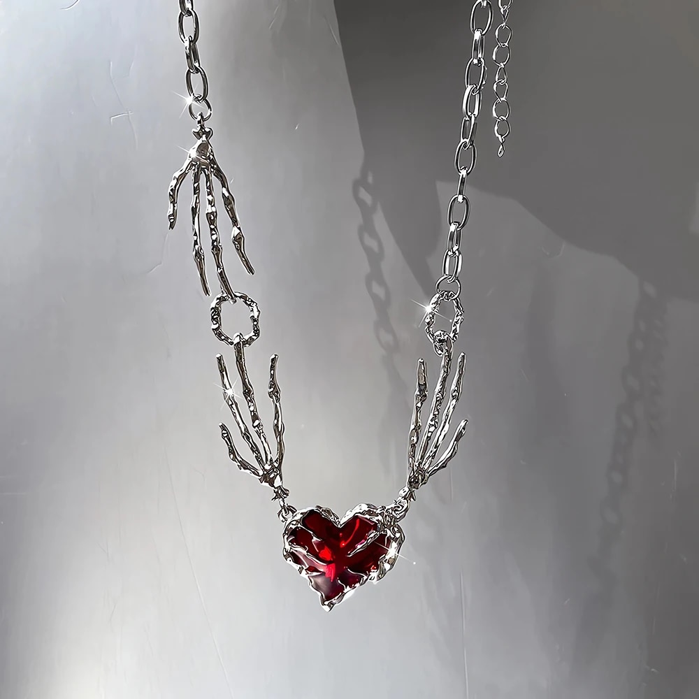 Vintage Gothic Y2K Red Glass Heart Star Terror Claw Pendant Necklace for Women Men Aesthetic 90s Grunge Accessories Jewelry Gift