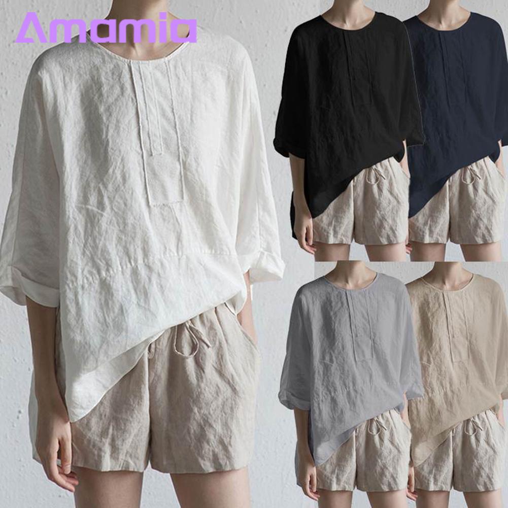 Amamia Women Casual Solid Color O Neck Half Sleeve Slitting Hem Loose Blouse T-shirt