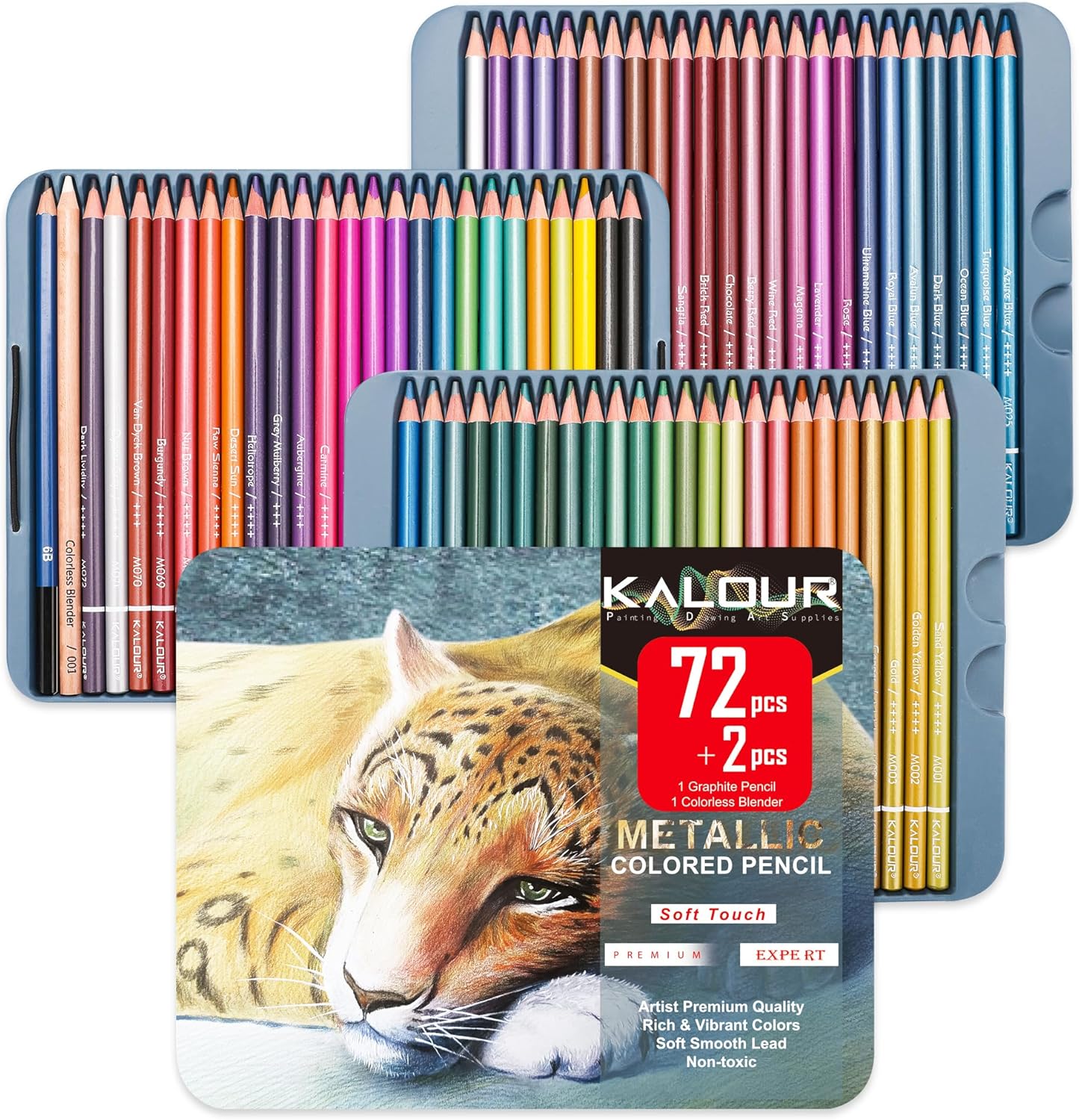 KALOUR 72 Piece Metallic Colored Pencils Soft Core with Vibrant Color Ideal for Drawing Blending Sketching Shading Coloring